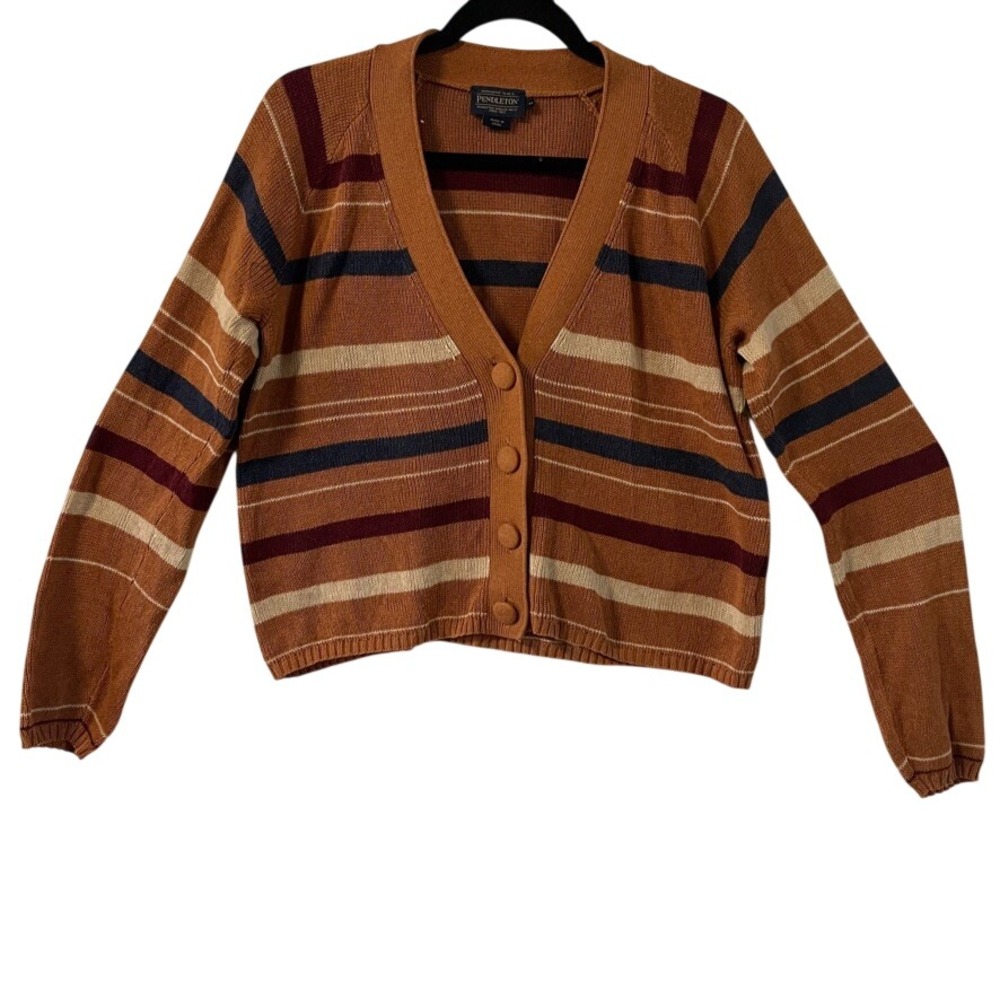Pendleton Womens Cardigan Sweater Med. Striped Cotton V-Neck Rust Orange Blue